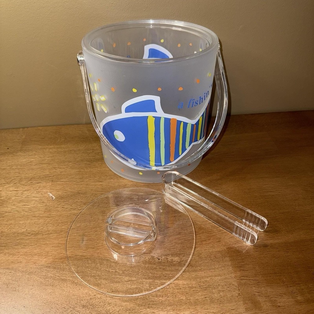 Vintage 1999 Living Quarters Fish Ice Bucket with Lid and Tongs Frosted Acrylic